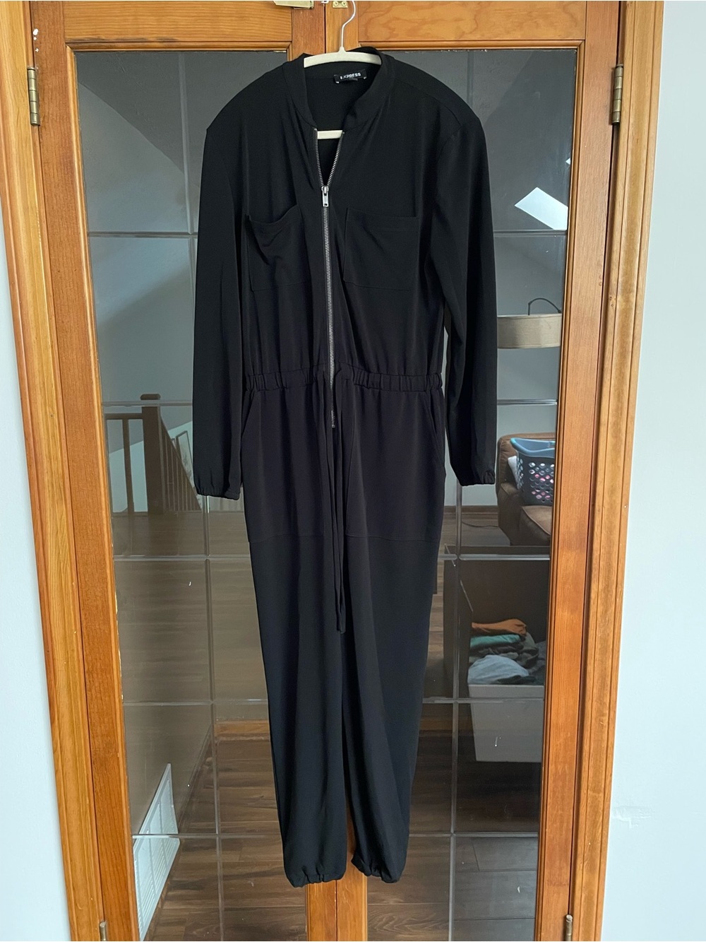 Express Black Long-Sleeve Zip-Front Jumpsuit